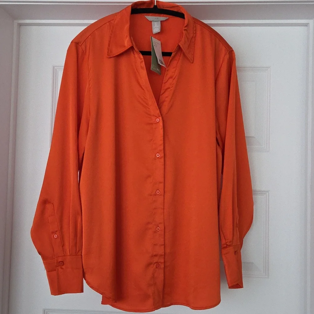 NWT H&M V-Neck Button-Up Blouse, Orange, Size L - Picture 5 of 15